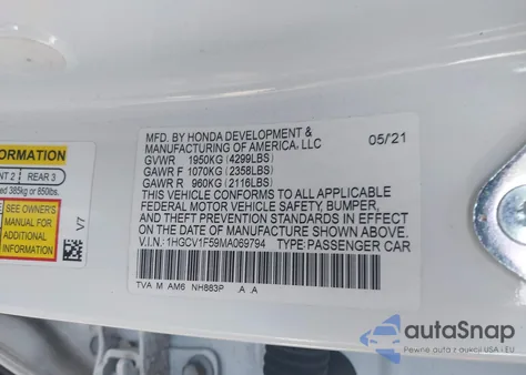 2021 Honda Accord Ex-L из США, поврежденный, VIN 1HGCV1F59MA069794